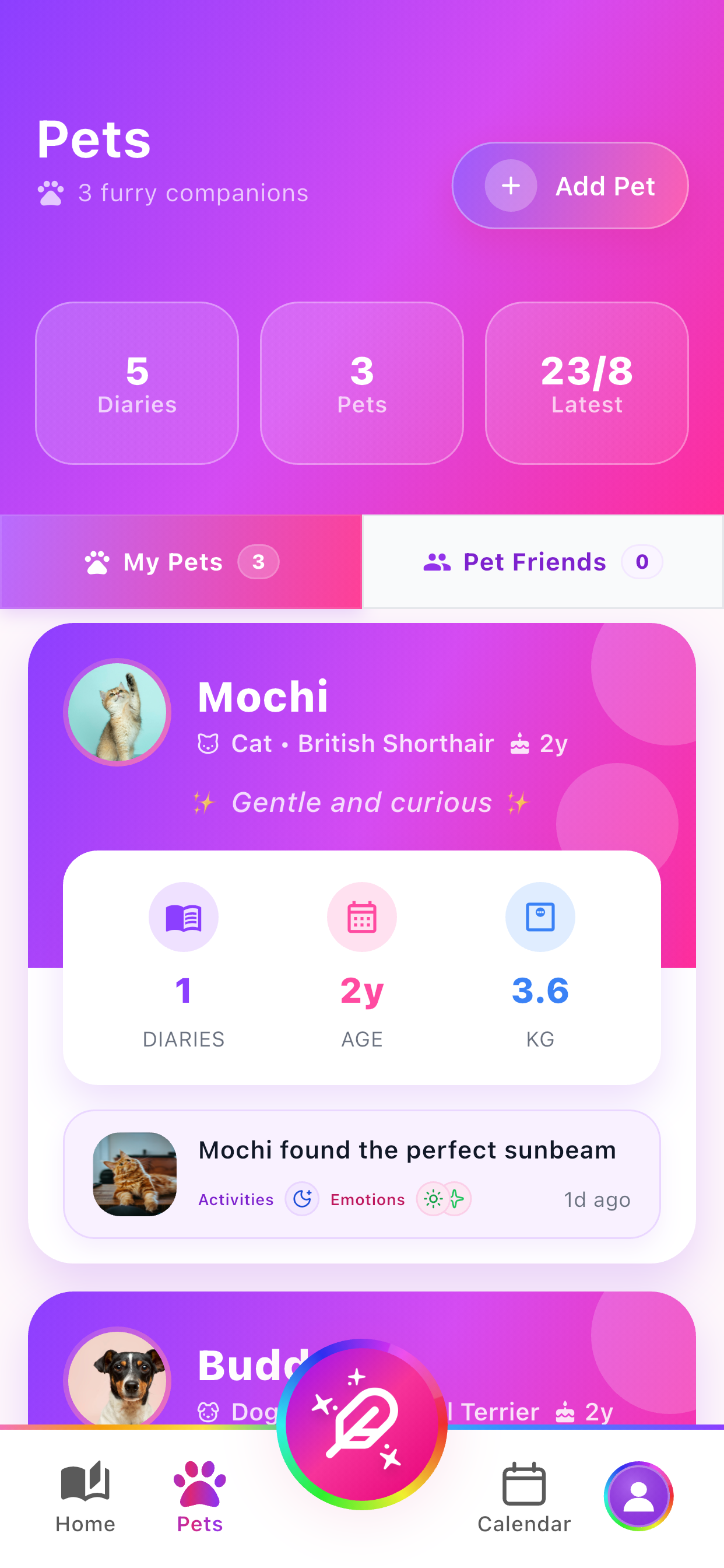 Pet Diary Pets screen showing pet profiles and recent memories
