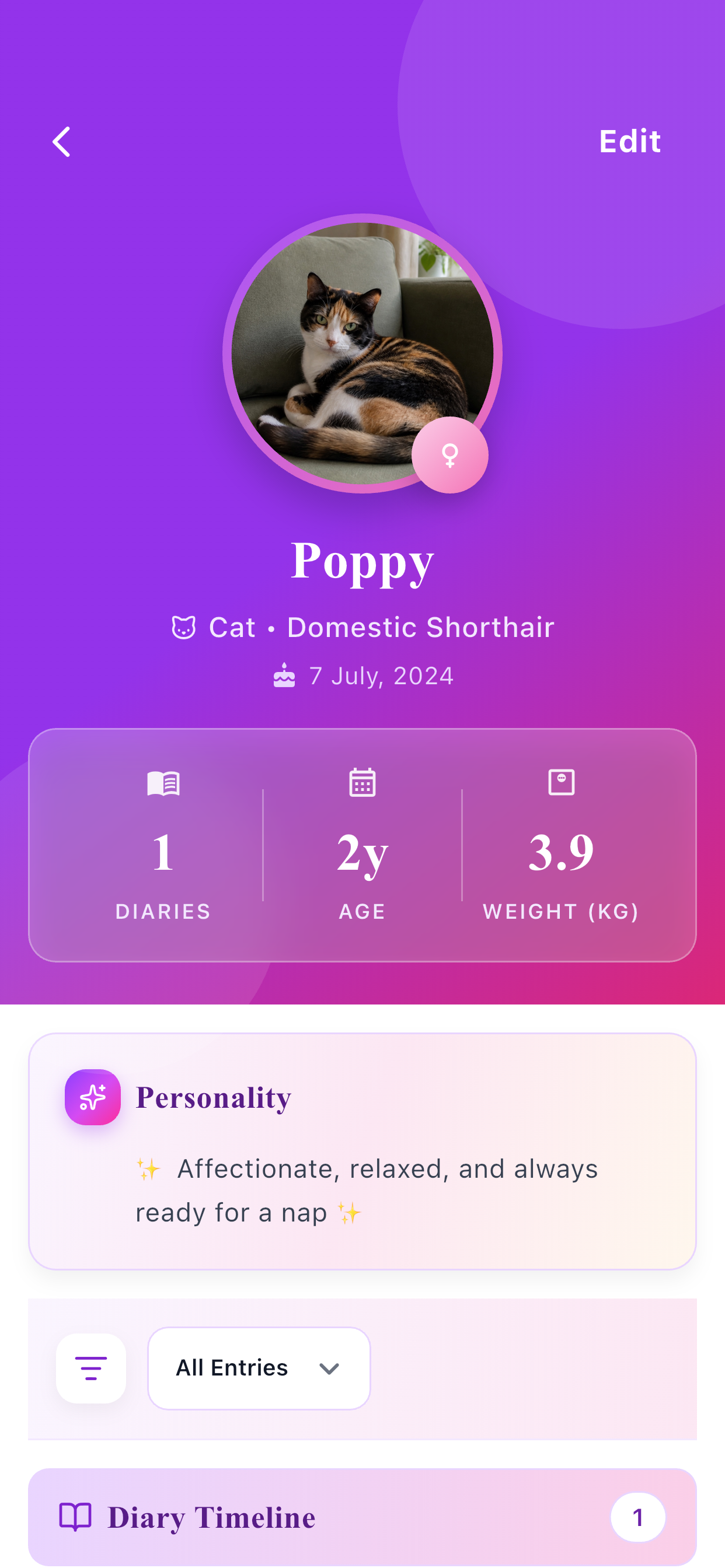 Pet Diary profile screen showing Poppy's details and diary timeline